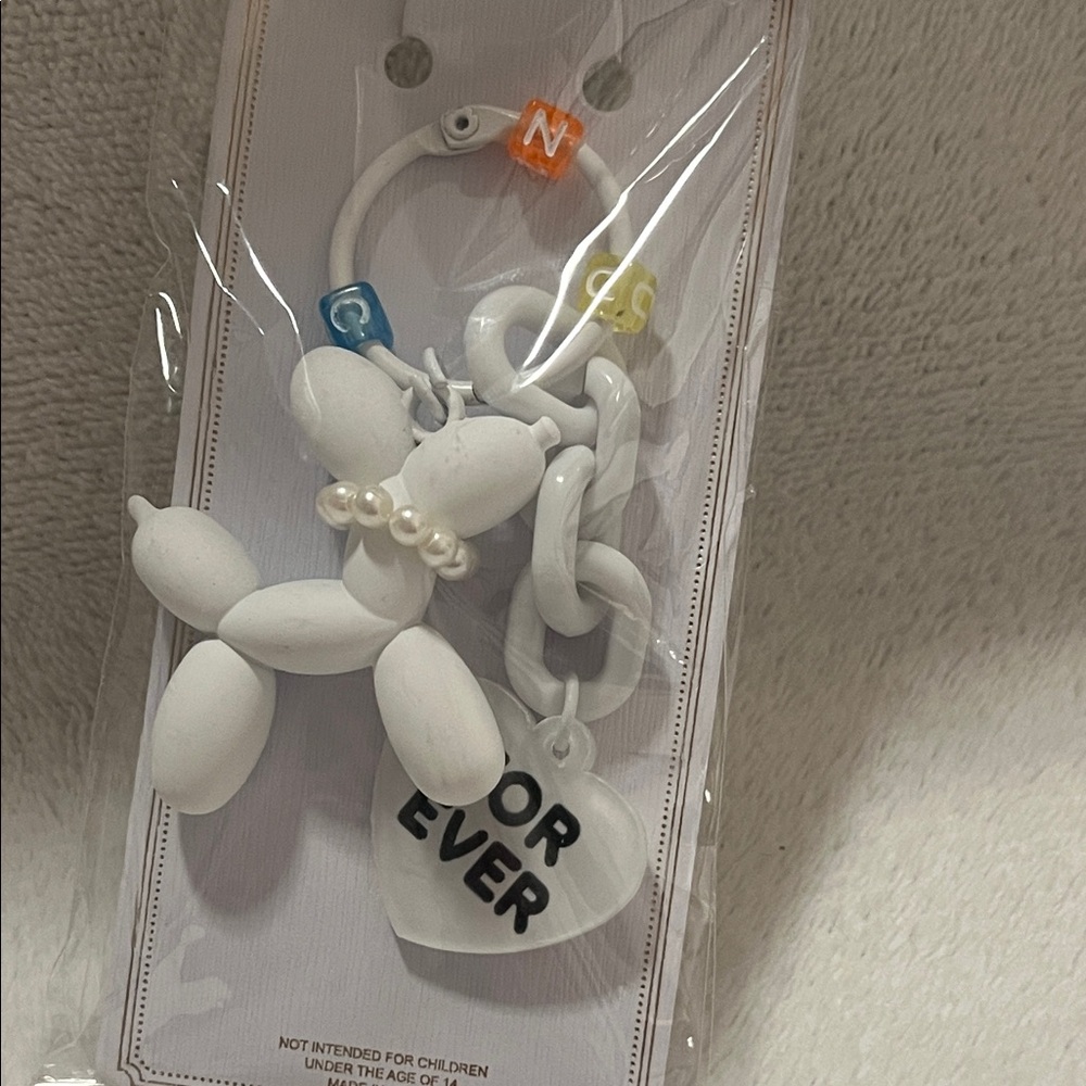 White Balloon Dog Keychain with Heart Charm (D)